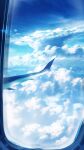  absurdres airplane_interior airplane_wing blue_sky clouds cloudy_sky commentary day highres no_humans original scenery signature sky skyrick9413 window 