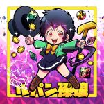 1girl arsene_lupin_iii black_hair boots bow bowtie cane chibi chibi_inset coin commentary_request full_body gem genderswap genderswap_(mtf) gold_coin green_jacket hat holding holding_cane holding_clothes holding_hat jacket looking_at_viewer lupin_iii marimo_(yousei_ranbu) open_mouth school_uniform short_hair skirt smile socks solo sparkle top_hat translation_request