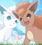  :d alolan_vulpix clouds commentary_request day flower from_below grass looking_down no_humans open_mouth outdoors pink_flower pokemon pokemon_(creature) rumine_(yoshi1234567) sky smile tongue vulpix white_flower 