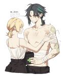 1boy 1girl :/ ahoge alternate_height arm_tattoo bandaged_arm bandaged_wrist bandages bandaid bandaid_on_face bangs black_hair closed_eyes closed_mouth collarbone english_commentary facial_mark forehead_mark genshin_impact gradient_hair green_hair highres looking_at_viewer lumine_(genshin_impact) multicolored_hair open_mouth parted_bangs short_ponytail sigh simple_background tank_top tattoo topless_male twitter_username uxien white_background white_tank_top xiao_(genshin_impact)