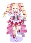  1girl :d bangs beatrice_(re:zero) blonde_hair blue_eyes bow chii_(sbshop) crown dress_shirt drill_hair elbow_gloves floating_hair frilled_skirt frills full_body gloves hair_bow highres layered_skirt long_hair looking_at_viewer mini_crown miniskirt neck_ribbon open_mouth parted_bangs pink_bow re:zero_kara_hajimeru_isekai_seikatsu red_ribbon ribbon shiny shiny_hair shirt simple_background skirt sleeveless sleeveless_shirt smile solo twin_drills twintails very_long_hair white_background white_footwear white_gloves white_shirt wrist_ribbon 