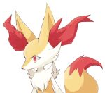  1girl animal_ear_fluff animal_ears animal_nose body_fur braixen closed_mouth commentary_request expressionless flat_chest fox_ears fox_girl fox_tail fur_collar furry furry_female highres partial_commentary pokemon pokemon_(creature) red_eyes simple_background slit_pupils snout solo sukasshu_(mroooo) tail two-tone_fur upper_body white_background white_fur yellow_fur 