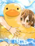  1girl blush bracelet brown_eyes brown_hair duck_innertube fang hair_between_eyes highres innertube jewelry kagamiko_hanana kusakabe_misao lucky_star medium_hair open_mouth solo star_(symbol) water 