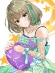  1girl arm_ribbon blue_eyes blue_ribbon brown_hair chii_(sbshop) closed_mouth collarbone dress green_dress green_eyes green_ribbon hair_ribbon heterochromia highres idolmaster idolmaster_cinderella_girls jewelry layered_dress long_hair mole mole_under_eye necklace ribbon shiny shiny_hair short_dress sitting sketch sleeveless sleeveless_dress smile solo takagaki_kaede 