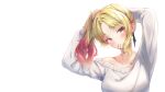  1girl absurdres blonde_hair blush bunching_hair ciawasemono collarbone copyright_request gradient_hair hair_tie hair_tie_in_mouth highres mouth_hold multicolored_hair off_shoulder redhead simple_background solo sweater white_background white_sweater yellow_eyes 