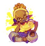  1girl 2gold :d blonde_hair colored_eyelashes colored_skin colored_tongue crop_top cross-shaped_pupils dark-skinned_female dark_skin earrings fangs food food_on_head forehead frye_(splatoon) full_body harem_pants indian_style jewelry long_hair multicolored_hair multicolored_skin multiple_earrings object_on_head paint_splatter pants pointy_ears poncho purple_hair purple_skin purple_tongue see-through simple_background sitting sleeveless smile socks solo splatoon_(series) splatoon_3 teeth tempura tentacle_hair toeless_legwear turtleneck turtleneck_crop_top two-tone_hair two-tone_skin white_background white_pants white_socks yellow_crop_top 