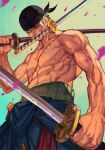  1boy abs bandana bare_pectorals clothes_around_waist dual_wielding falling_petals green_hair hankuri holding holding_sword holding_weapon katana male_focus mouth_hold multiple_scars muscular muscular_male one_eye_closed one_piece pants pectorals petals roronoa_zoro scar scar_across_eye scar_on_chest shirt shirt_around_waist short_hair solo sword topless_male triple_wielding weapon 