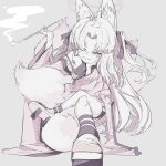  1girl ahoge animal_ear_fluff animal_ears blue_archive character_request fox fox_ears fox_girl fox_tail highres kanaeco25 long_hair multiple_tails smoke smoking_pipe tail two_side_up white_hair 
