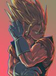  1boy alto_(natsusansai) commentary_request dougi dragon_ball dragon_ball_z earrings fusion gloves gradient gradient_background highres jewelry looking_away male_focus muscular muscular_male open_mouth potara_earrings solo spiky_hair super_saiyan super_saiyan_1 teeth upper_teeth vegetto white_gloves 