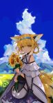  1girl absurdres animal_ears arknights blonde_hair blue_hairband blue_sky bouquet braid clothing_cutout clouds cloudy_sky cowboy_shot day dress earpiece extra_ears flower fox_ears fox_girl fox_tail green_eyes hairband highres holding holding_bouquet kitsune lch long_hair looking_at_viewer md5_mismatch mountainous_horizon multiple_tails outdoors purple_dress resolution_mismatch shoulder_cutout single_wrist_cuff sky smile solo source_larger sunflower suzuran_(arknights) tail two-tone_dress white_dress white_wrist_cuffs wrist_cuffs yellow_flower 