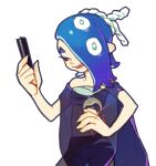 1other 2gold :d alternate_eye_color bare_shoulders blue_hair chest_sarashi cowboy_shot eyeliner folded_fan folding_fan grey_pants hachimaki hair_over_one_eye hand_fan hand_up headband holding holding_fan legs_apart long_hair makeup nejiri_hachimaki no_pupils octarian open_mouth pants poncho red_eyeliner sarashi see-through shiver_(splatoon) simple_background smile solo splatoon_(series) splatoon_3 suction_cups teeth tentacle_hair violet_eyes white_background 