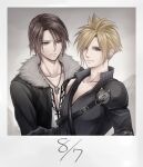  2boys armor bangs black_gloves black_jacket black_shirt blonde_hair blue_eyes brown_hair chain_necklace cloud_strife collarbone earrings final_fantasy final_fantasy_vii final_fantasy_vii_advent_children final_fantasy_viii gloves grey_background grey_eyes hiryuu_(kana_h) jacket jewelry long_sleeves looking_at_viewer male_focus multiple_boys necklace open_collar parted_bangs polaroid scar scar_on_face shirt short_hair shoulder_armor single_earring single_sleeve squall_leonhart upper_body white_shirt wolf 