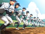  6+boys baseball_cap baseball_uniform belt blue_sky clouds commentary day full_body gloves hat highres male_focus multiple_boys open_mouth original outdoors short_hair sky smile sportswear symbol-only_commentary tettabuzz tree uniform white_gloves 