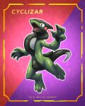  black_eyes bright_pupils character_name commentary cyclizar framed highres kelvin-trainerk no_humans open_mouth pokemon pokemon_(creature) shiny shiny_skin solo tongue twitter_username white_pupils 