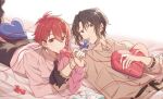  2boys ahoge bed black_hair collared_shirt hair_between_eyes highres idolish_7 izumi_iori light_smile long_sleeves looking_at_viewer lying male_focus moxingzhupaifan multiple_boys nanase_riku open_mouth red_eyes redhead shirt short_hair smile string string_of_fate 