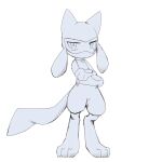  1boy animal_ears animal_feet animal_hands chromatic_aberration closed_mouth commentary crossed_arms feet furry furry_male half-closed_eyes highres looking_at_viewer male_child male_focus monochrome pokemon pokemon_(creature) riolu sketch snout solo sukasshu_(mroooo) tail 