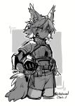  1girl ahoge animal_ears arknights armor ashlock_(arknights) breasts carrying carrying_under_arm cowboy_shot cropped_legs gauntlets greyscale hair_between_eyes headwear_removed helmet helmet_removed highres looking_at_viewer mechanical_owl monochrome oripathy_lesion_(arknights) shirt short_hair shorts sketch small_breasts solo squirrel_ears squirrel_girl squirrel_tail tail twitter_username 