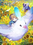  2boys animal bird character_request check_copyright child commentary_request copyright_request fantasy from_above highres holding japanese_clothes looking_up male_child male_focus multiple_boys nature official_art original oversized_animal riding suzuki_iori 