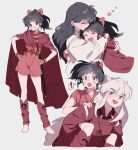  ! 1boy 2girls absurdres animal_ears bangs barefoot black_hair blush bow brown_eyes cape carrying closed_eyes dog_ears dress family fang father_and_daughter fingerless_gloves fujino_hana full_body gloves hair_bow han&#039;you_no_yashahime hands_on_hips heart highres higurashi_kagome hug inuyasha inuyasha_(character) japanese_clothes jewelry kimono long_hair long_sleeves looking_at_viewer moroha mother_and_daughter multiple_girls multiple_views necklace open_mouth piggyback ponytail red_bow red_cape red_dress sheath smile sword very_long_hair weapon white_background white_hair wide_sleeves yellow_eyes 