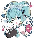  1girl 1other :3 animal_hug bangs blonde_hair blue_eyes blue_hair blue_necktie bow cheek_poking cinnamiku cinnamoroll colored_skin commentary_request cosplay detached_sleeves double_bun flower_(symbol) frilled_shirt frills gradient_hair hair_between_eyes hair_bow hair_bun hatsune_miku hatsune_miku_(cosplay) heart hug looking_at_viewer multicolored_hair murasaki_daidai_etsuo necktie negative_space one_eye_closed open_mouth poking polka_dot polka_dot_bow sanrio shirt sidelocks signature smile tie_clip updo vocaloid white_skin 