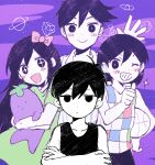  &gt;_o +_+ 1girl 3boys aqua_shirt aubrey_(omori) bangs basket black_eyes black_hair black_tank_top bow expressionless hair_bow hero_(omori) holding holding_basket holding_stuffed_toy kel_(omori) long_hair looking_at_viewer multiple_boys omori omori_(omori) one_eye_closed open_mouth pajamas pink_bow purple_background purple_hair purple_sky shirt short_hair short_sleeves smile star_(symbol) stuffed_toy tank_top violet_eyes xox_xxxxxx 