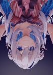  1girl absurdres amane_kanata babydoll blue_eyes blue_hair breasts collarbone dark_background hair_ribbon highres hololive lingerie long_hair looking_at_viewer multicolored_hair outstretched_arms pov ribbon shhhh7 small_breasts smile solo two-tone_hair underwear upside-down white_hair 