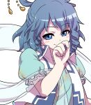  1girl blue_eyes blue_hair dress hagoromo hair_ornament hair_rings hair_stick itani_illust kaku_seiga puffy_short_sleeves puffy_sleeves shawl short_hair short_sleeves simple_background solo touhou vest white_background 