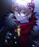  1boy bangs black_gloves blue_eyes buttons chinese_commentary closed_mouth coat commentary_request crossed_bangs dark_background earrings fur-trimmed_coat fur_trim genshin_impact gloves gnosis_(genshin_impact) hair_between_eyes hand_up highres holding jewelry light_smile looking_at_viewer male_focus mask mask_on_head orange_hair red_mask red_scarf scarf short_hair single_earring smile solo tartaglia_(genshin_impact) upper_body xingxing_mei 