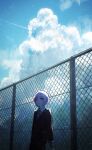  1other 25-ji_night_code_de._(project_sekai) akiyama_mizuki androgynous chain-link_fence closed_mouth clouds cloudy_sky contrail cumulonimbus_cloud eyelashes fence film_grain green_necktie hair_between_eyes highres kika leaning leaning_back long_eyelashes looking_at_viewer necktie one-hour_drawing_challenge outdoors pink_eyes pink_hair project_sekai short_hair sky solo striped striped_necktie 