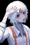  1boy :d androgynous bangs black_background collared_shirt grey_shirt hair_ornament hairclip highres looking_at_viewer male_focus nail_polish red_eyes red_nails shirt short_hair simple_background smile solo stitches suspenders suzuya_juuzou teeth tokyo_ghoul ttssfy_(shirato_ra) upper_teeth x_hair_ornament 
