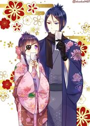  1boy 1girl blue_eyes blue_hair chrome_dokuro closed_mouth eyepatch heterochromia highres hihibi japanese_clothes katekyo_hitman_reborn kimono purple_hair red_eyes rokudou_mukuro short_hair smile violet_eyes 