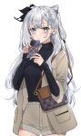  1girl alternate_costume bag black_shirt blue_eyes braid cellphone coat cone_hair_bun earrings grey_hair hair_bun handbag hievasp highres hololive hololive_indonesia jewelry long_hair phone shirt shorts smartphone vestia_zeta virtual_youtuber white_background 