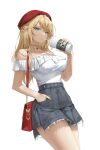  1girl bag bangs bare_shoulders blonde_hair blue_eyes breasts choker cup disposable_cup drinking_straw grey_shorts hand_in_pocket handbag heart heart_choker highres large_breasts original red_headwear shirt shorts thighs white_background white_shirt whois 