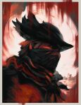  1boy absurdres anato_finnstark artist_name bloodborne border covered_mouth from_side hat highres hunter_(bloodborne) male_focus portrait red_theme solo white_border 