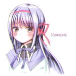  1girl akemi_homura blush commentary_request hair_ribbon high_collar highres hinasuzu69 looking_at_viewer magical_girl mahou_shoujo_madoka_magica neck_ribbon purple_hair purple_ribbon red_ribbon ribbon simple_background solo violet_eyes white_background 