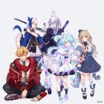  1boy 4girls ahoge anew_uparu aomiya_yozuri blonde_hair blue_hair cotonoha hat jacket kodamazon light_blue_hair luminous_sweet mini_hat multicolored_hair multiple_girls official_art redhead short_hair sword twintails uriyone vee_(vtuber) weapon white_hair 