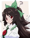  1girl ? bow frills green_bow grey_background hair_bow long_hair looking_at_viewer puffy_sleeves red_eyes reiuji_utsuho shio_(futatsumami) simple_background solo third_eye touhou upper_body white_background 