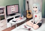  1girl bed book bookshelf card closet controller grey_eyes guitar heart hood hoodie indoors instrument long_hair milk_carton mirror original pillow playing_card print_hoodie remote_control shadow solo table television white_hair white_hoodie wide_shot yajirushi_(chanoma) 