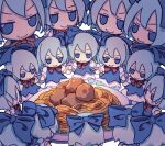 6+girls absurdres blue_bow blue_dress blue_eyes blue_hair bow cirno clone dress fairy food fumo_(doll) hair_between_eyes hair_bow highres ice ice_wings kame_(kamepan44231) meatball multiple_girls pasta plate shirt short_hair short_sleeves simple_background spaghetti surrounded touhou white_background white_shirt wings 