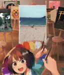  1girl blush brown_eyes brown_hair canvas_(object) dog easel highres holding holding_paintbrush indoors looking_at_viewer open_mouth original paintbrush painting_(object) palette_(object) shadow short_hair smile solo stool tokyo_tower torii tree yajirushi_(chanoma) 