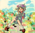  1boy arm_support basil_(omori) blush brown_footwear flower green_eyes green_hair head_wreath highres looking_away looking_up m3nchiii omori open_mouth overall_shorts overalls photo_(object) short_hair short_sleeves sitting smile socks solo white_socks 