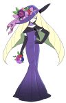  1girl alternate_costume black_gloves blonde_hair bouquet closed_eyes closed_mouth commentary_request dede_(qwea_00000) dress elbow_gloves eyelashes flower full_body gloves hat hat_flower highres holding holding_bouquet korean_commentary long_hair lusamine_(pokemon) pokemon pokemon_(game) pokemon_sm purple_dress purple_headwear simple_background smile solo standing white_background 