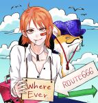  1girl bandaid bandaid_on_face bin_0k blue_headwear blue_sky closed_mouth clouds collarbone collared_shirt dress_shirt fox highres long_sleeves looking_at_viewer nami_(one_piece) neck_ribbon one_piece orange_hair ribbon shiny shiny_hair shirt short_hair signature sky smile solo straight_hair upper_body white_shirt wing_collar 