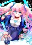  1girl :o absurdres blue_background blue_eyes blush bow chibi choker glasses hair_bow highres kirano_sion liver_city long_hair looking_at_viewer looking_up open_mouth pink_hair shimotsukishin solo twintails virtual_youtuber 