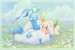  altaria border chikorita closed_eyes closed_mouth commentary_request day grass lying no_humans on_stomach outdoors pikachu pokemon pokemon_(creature) s_(happycolor_329) skitty sleeping swablu 