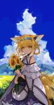  1girl absurdres animal_ears arknights blonde_hair blue_hairband blue_sky bouquet braid clothing_cutout clouds cloudy_sky cowboy_shot day dress earpiece extra_ears flower fox_ears fox_girl fox_tail green_eyes hairband highres holding holding_bouquet kitsune lch long_hair looking_at_viewer md5_mismatch mountainous_horizon multiple_tails outdoors purple_dress resolution_mismatch revision shoulder_cutout single_wrist_cuff sky smile solo source_larger sunflower suzuran_(arknights) tail two-tone_dress white_dress white_wrist_cuffs wrist_cuffs yellow_flower 