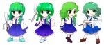  1girl arm_support arms_up bangs bare_shoulders blue_footwear blue_skirt blush boots breasts brown_footwear buttons chibi closed_mouth collared_shirt commentary_request detached_sleeves frills frog_hair_ornament full_body gohei green_eyes green_hair hair_between_eyes hair_ornament hair_tubes hand_on_hip hand_up hands_up highres kneehighs kochiya_sanae leg_up legacy_of_lunatic_kingdom long_hair long_sleeves looking_to_the_side medium_breasts medium_hair mountain_of_faith open_mouth purple_footwear purple_skirt rei_(tonbo0430) shirt shoes short_hair simple_background skirt smile snake_hair_ornament socks solo standing standing_on_one_leg ten_desires touhou undefined_fantastic_object v-shaped_eyebrows white_background white_shirt white_socks wide_sleeves yellow_eyes 
