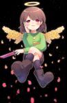  1girl bangs black_socks brown_footwear brown_hair brown_shorts chara_(undertale) crossed_legs flower green_sweater hand_on_own_face heart heart_necklace holding holding_knife jewelry knife looking_at_viewer looking_down necklace red_eyes shoes short_hair shorts sitting smile socks striped striped_sweater sweater undertale wings xox_xxxxxx yellow_flower 