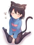  1girl animal_ears bangs black_leggings black_shorts blue_sweater brown_hair cat_ears cat_tail closed_eyes frisk_(undertale) highres leggings long_sleeves looking_at_viewer looking_up own_hands_together short_hair short_shorts shorts simple_background sitting solo striped striped_sweater sweater tail undertale wariza white_background xox_xxxxxx 
