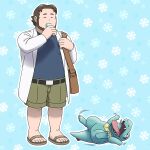  1boy beard belt belt_buckle birch_(pokemon) black_belt brown_bag brown_hair buckle closed_eyes coat commentary_request eating facial_hair food holding holding_strap male_focus norijaga open_clothes open_coat pokemon pokemon_(creature) pokemon_(game) pokemon_rse popsicle sandals shirt short_hair shorts standing toes totodile white_coat 